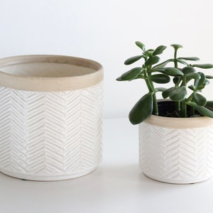 White and Beige Chevron Pattern Large Planter Pot