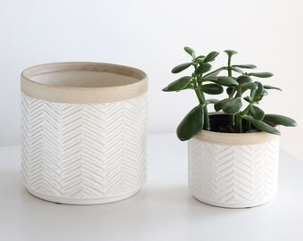 White and Beige Chevron Pattern Large Planter Pot