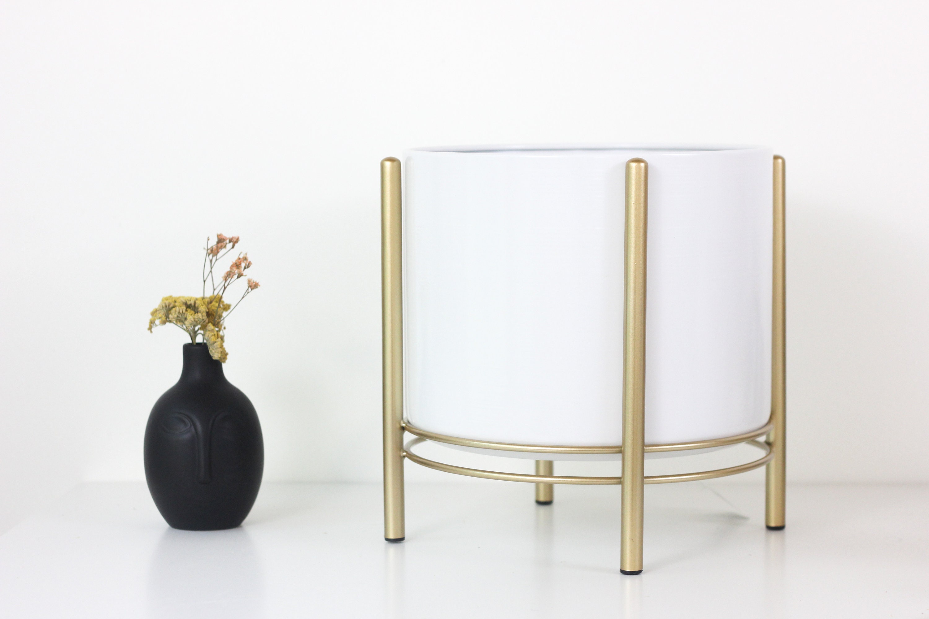 Large White Standing Planter Pot with Modern Gold Plant Stand | Etsy