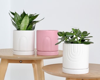 Cute Arch Pink and White Ceramic Planter Pot with Saucer CLEARANCE SALE 70