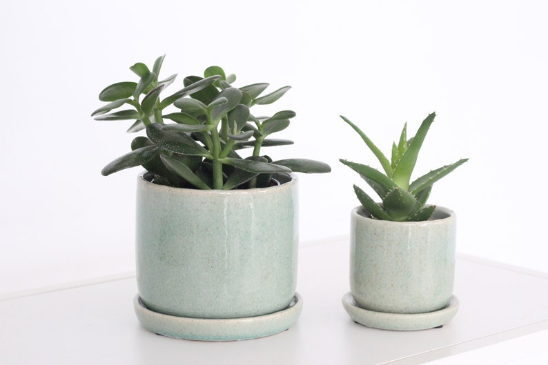 Sage Green Ceramic Round Planter Pot with Saucer image 2