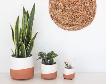 Terracotta and Matte White Footed Boho Minimal Planter Pot