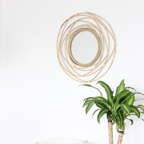 Dual Tone Round Rattan Mirror Boho Natural Wall Decor Etsy