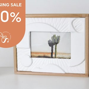 Boho Wood And White Plaster Shape Picture Frame, Includes Cactus Art Print Poster CLEARANCE SALE