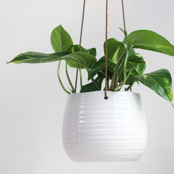 Small White Hanging Planter Pot with Grooved Texture
