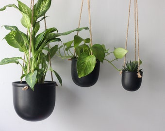 May include: Three matte black rounded hanging planters of varying sizes suspended by natural jute rope. Each planter holds a different green houseplant, including a large Dieffenbachia, a trailing Pothos, and a small spiky succulent plant.
