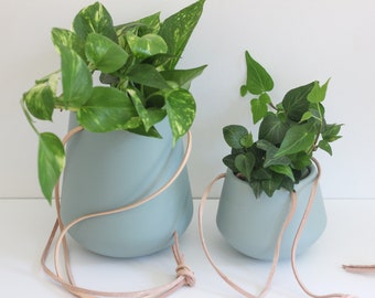 Teal Hanging Ceramic Planter Pot with Matte Finish and Leather Cord