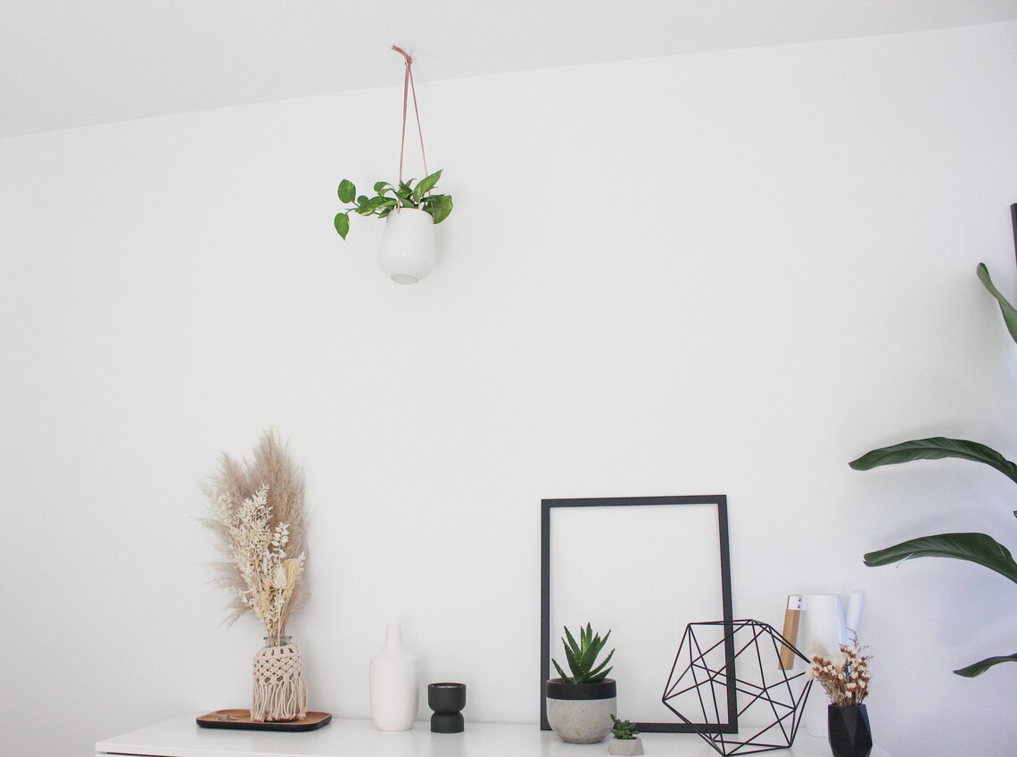 Modern Minimal White Ceramic Hanging Planter Pot with Leather | Etsy