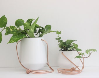 Modern Minimal White Ceramic Hanging Planter Pot with Leather Cord