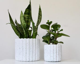 Scalloped Cement Planter | White Speckled Modern Pot for Indoor Plants, Boho Minimalist Home Decor