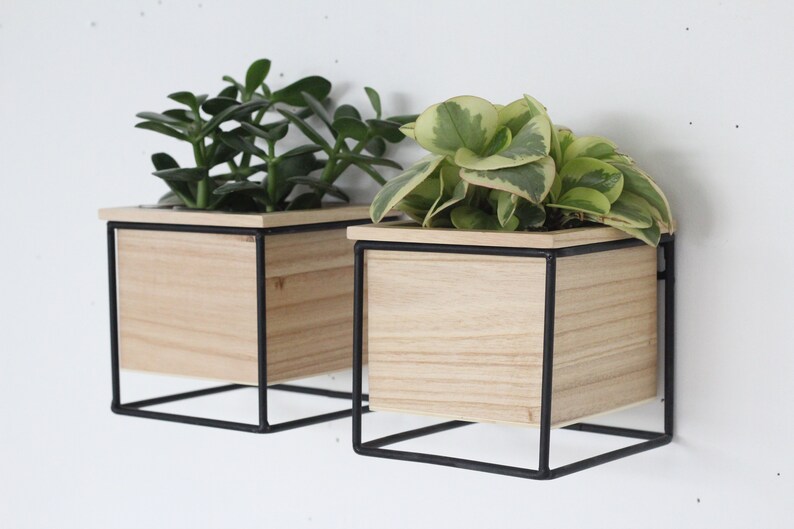 Wall Planter Pot in Black Metal and Wood Modern Minimalist Etsy