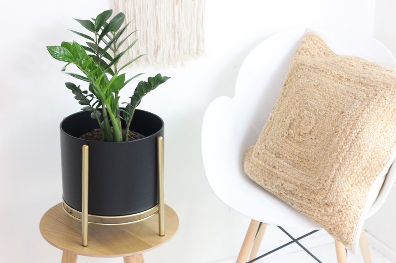 Small Standing Planter Pot with Modern Gold Plant Stand in Black and White CLEARANCE SALE image 3