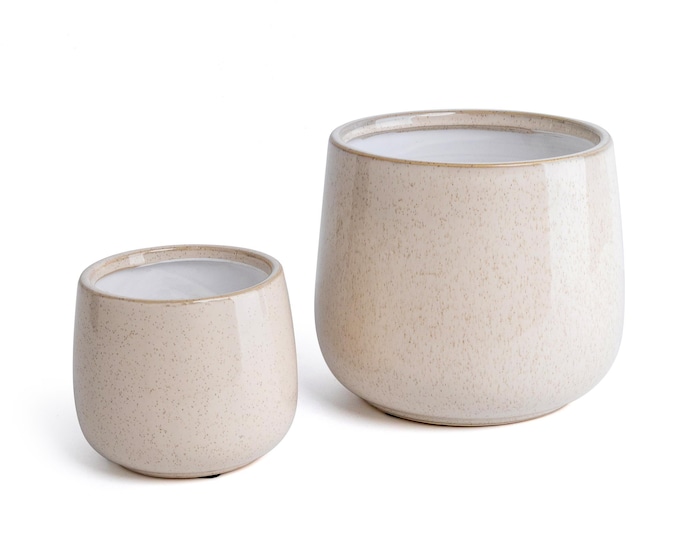 Speckled Beige Ceramic Planter | Rounded Glazed Plant Pot for Indoor Plants | Minimalist Boho Home Decor