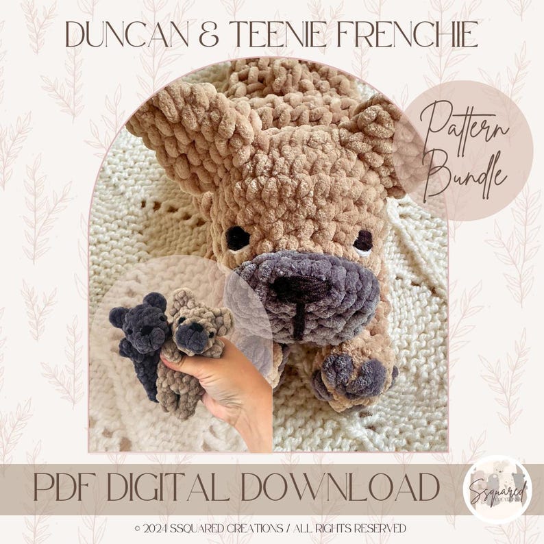 May include: A crochet pattern bundle for making a large and small French Bulldog amigurumi. The pattern includes instructions for making both sizes of the dog, with the smaller one being held in a hand in the image. The pattern is available as a digital download.