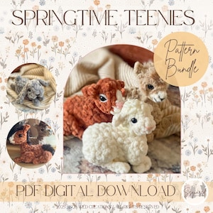 May include: A pattern bundle for crocheting three adorable animal plushies: a brown and white lamb, a brown and white alpaca, and a grey bunny. The pattern bundle is called "Springtime Teenie" and is available as a digital PDF download.
