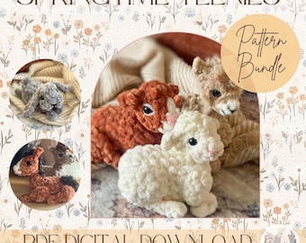 Amigurumi Crochet Pattern Bundle: Springtime Teenies Calf, Llama, Lamb, Horse, Bunny (PDF Pattern)