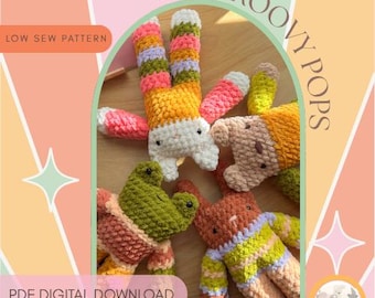 May include: Four crocheted plush toys featuring striped patterns in orange, white, green, pink, and brown. The text THE GROOVY POPS, LOW SEW PATTERN, and PDF DIGITAL DOWNLOAD are visible. The toys have small dark eyes and embroidered noses.