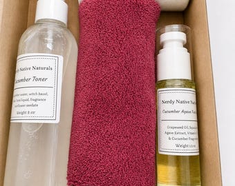 Facial Gift Set | Natural Skincare Gift Box | Facial Toner, Powder Cleanser, Face Oil & Lip Balm | Self Care Gift for Her | Handmade Set
