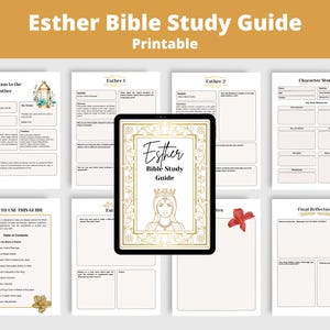 Könnte beinhalten: Ein digitales Bibelstudienheft mit dem Titel "Esther Bible Study Guide Printable" wird auf einem Tablet angezeigt, umgeben von gedruckten Studienseiten. Das Tablet zeigt eine goldgerahmte Illustration einer Frau mit Krone.