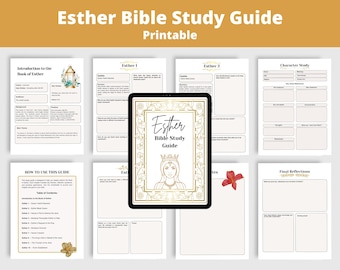 Puede incluir: Una guía de estudio bíblico digital titulada "Esther Bible Study Guide Printable" se muestra en una tableta, rodeada de páginas de estudio impresas. La tableta presenta una ilustración con marco dorado de una mujer con una corona.