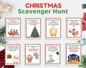 Pode incluir: Um jogo de Caça ao Tesouro de Natal com oito cartões ilustrados. Cada cartão tem uma borda festiva e uma pista relacionada à história do Natal. Os cartões apresentam imagens dos Reis Magos, uma árvore de Natal e Jesus.