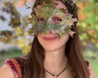 Woodland Leaf Leather Mask – Greenman Forest Spirit Masquerade for Faerie Festivals, Renaissance Faire, Fantasy Costume or Ritual Wear