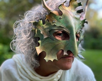 Horned Leaf Greenman Mask Handmade Leather Masks for Masquerade / Halloween / Cosplay