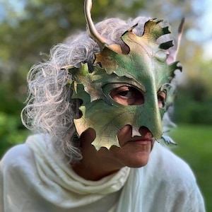 Enchanting Leather Horned Greenman Mask with Leaves | Handmade Fantasy Cosplay | Fairy Tree Spirit Costume | Renaissance Faire | Ritual Mask