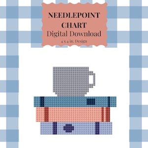 May include: Digital needlepoint chart featuring a pixelated design of a coffee cup atop a stack of books. The design is 4 x 4 inches. The background is a blue and white gingham pattern, with the text "NEEDLEPOINT CHART Digital Download".