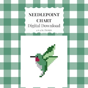 May include: Digital needlepoint chart with a pixelated hummingbird design. The design is 10 x 10 cm and includes the text "NEEDLEPOINT CHART Digital Download". The background is a green and white gingham pattern.