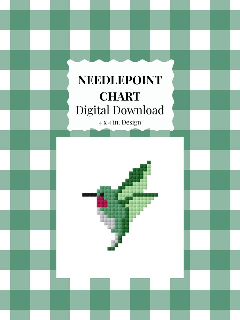 May include: Digital needlepoint chart with a pixelated hummingbird design. The design is 10 x 10 cm and includes the text "NEEDLEPOINT CHART Digital Download". The background is a green and white gingham pattern.