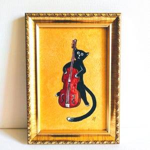 Chat noir joue du violoncelle Portrait de chat noir Chat musical drôle, peinture de chat, oeuvre d'art originale encadrée, cadeau pour elle, cadeau pour lui, illustration