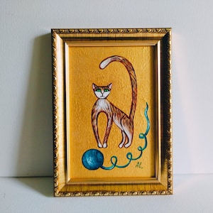 Ilustración de gato pelirrojo y bola de hilo verde, arte de pared, decoración, regalo de arte de pared, arte original, gato divertido, gato lindo