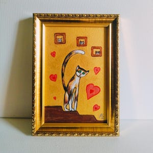 Chat roux dans les escaliers Original Art Original peinture Decor oeuvre d'art mural Illustration de chat drôle cadeau Portrait de chat