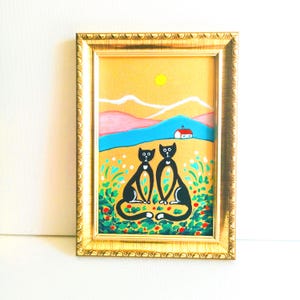 Deux chats noirs dans les montagnes Oeuvre d'art déco murale Art mural Illustration originale d'art Portrait de chat Cadeau pour elle