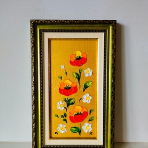 Art déco original, oeuvre d'art texturée, cadeau floral 3D, coquelicot doré
