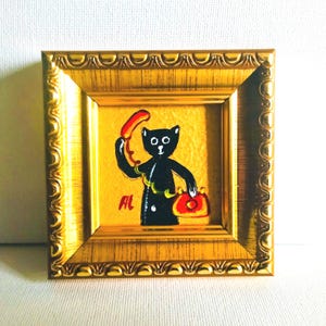 Chat noir téléphone rétro rouge, peinture originale, décoration cadeau, illustration, oeuvre d'art, oeuvre d'art mural, animal de compagnie drôle, portrait de chat mignon, oeuvre d'art originale