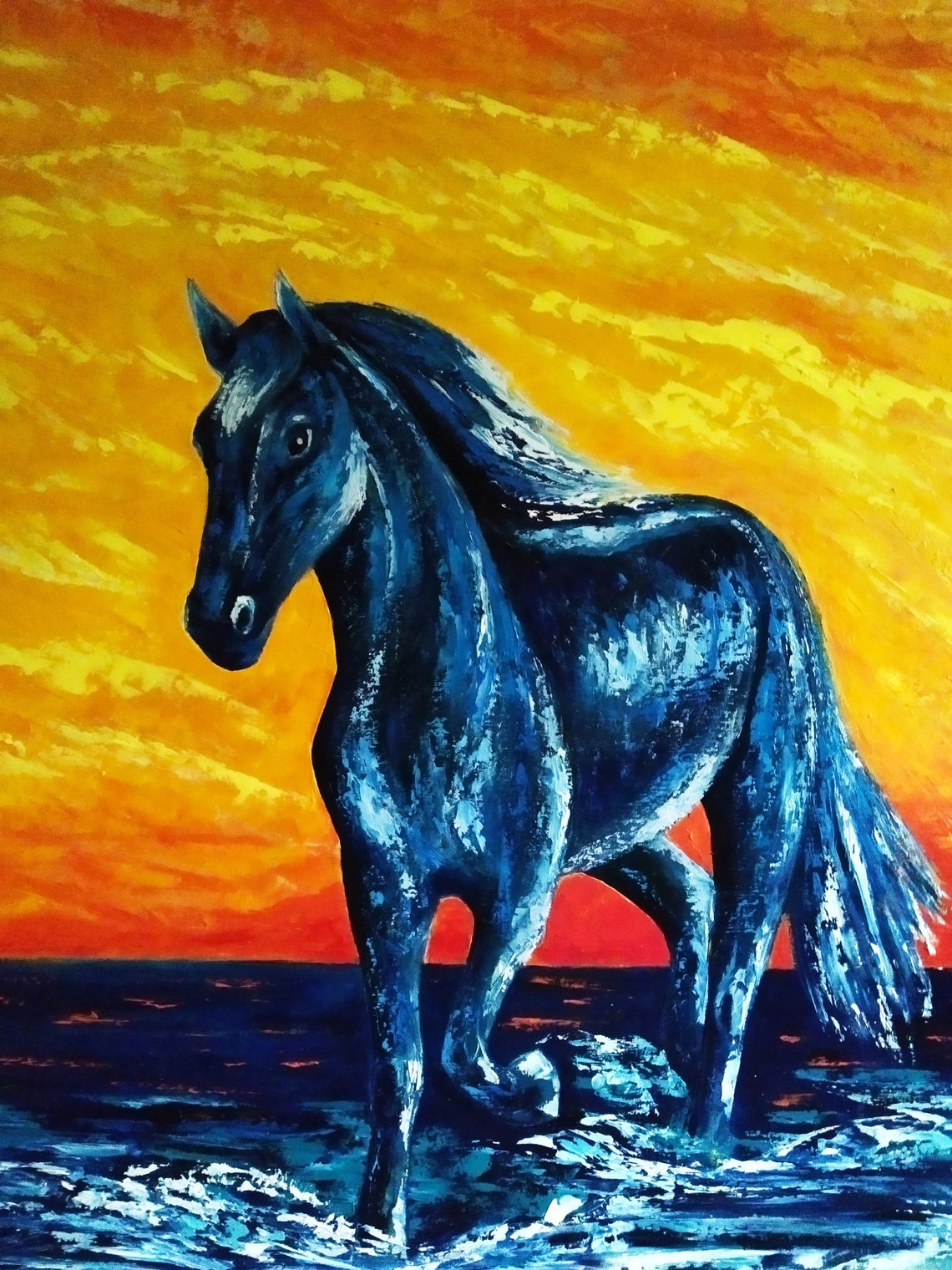 Original Oil Painting Blue Horse by Impasto 36x28 Large Etsy