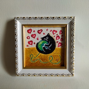Chat noir et vert pelote de laine Illustration peinture acrylique originale chat drôle Art déco murale cadeau