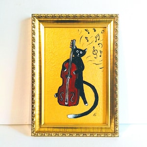 Zwarte kat speelt cello Portret zwarte kat Muzikale kat grappige kat schilderij origineel kunst ingelijst cadeau voor haar Cadeau voor hem illustratie