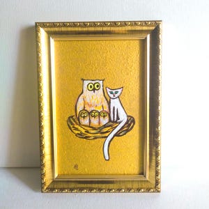 Oeuvre d'art murale déco originale Illustration Hiboux mignons et chat blanc dans leur nid