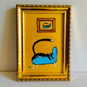 Chat noir et fauteuil bleu déco oeuvre d'art murale oeuvre d'art murale illustration d'art originale portrait de chat cadeau pour elle