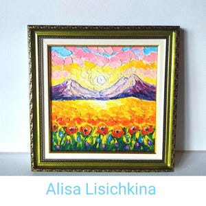 Original Oil Painting: Abstract Poppy Field, Mountain Sunset