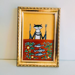 Black Cat lunch zalm citroenen basilicum mes vork originele kunst origineel schilderij decor kunst aan de muur artwork grappige kat illustratie cadeau voor haar