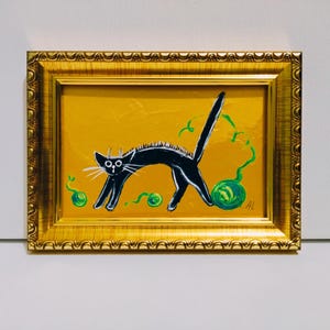 Original Acrylic Painting Funny Black Cat and Green Ball of Yarn Illustration Artwork Wall Art Decor Gift WallArt