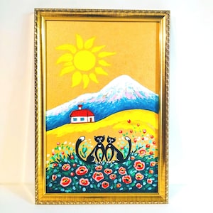 Portrait de deux chats noirs peinture acrylique originale Art de chat mignon Illustration d'animaux drôles montagnes coquelicot maison cadeau pour son chat mignon