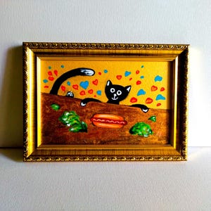 Chat noir et Hot-Dog, peinture acrylique originale, chat mignon, art de chat drôle, animaux drôles, illustration pour animaux de compagnie, portrait de chat noir, cadeau pour elle