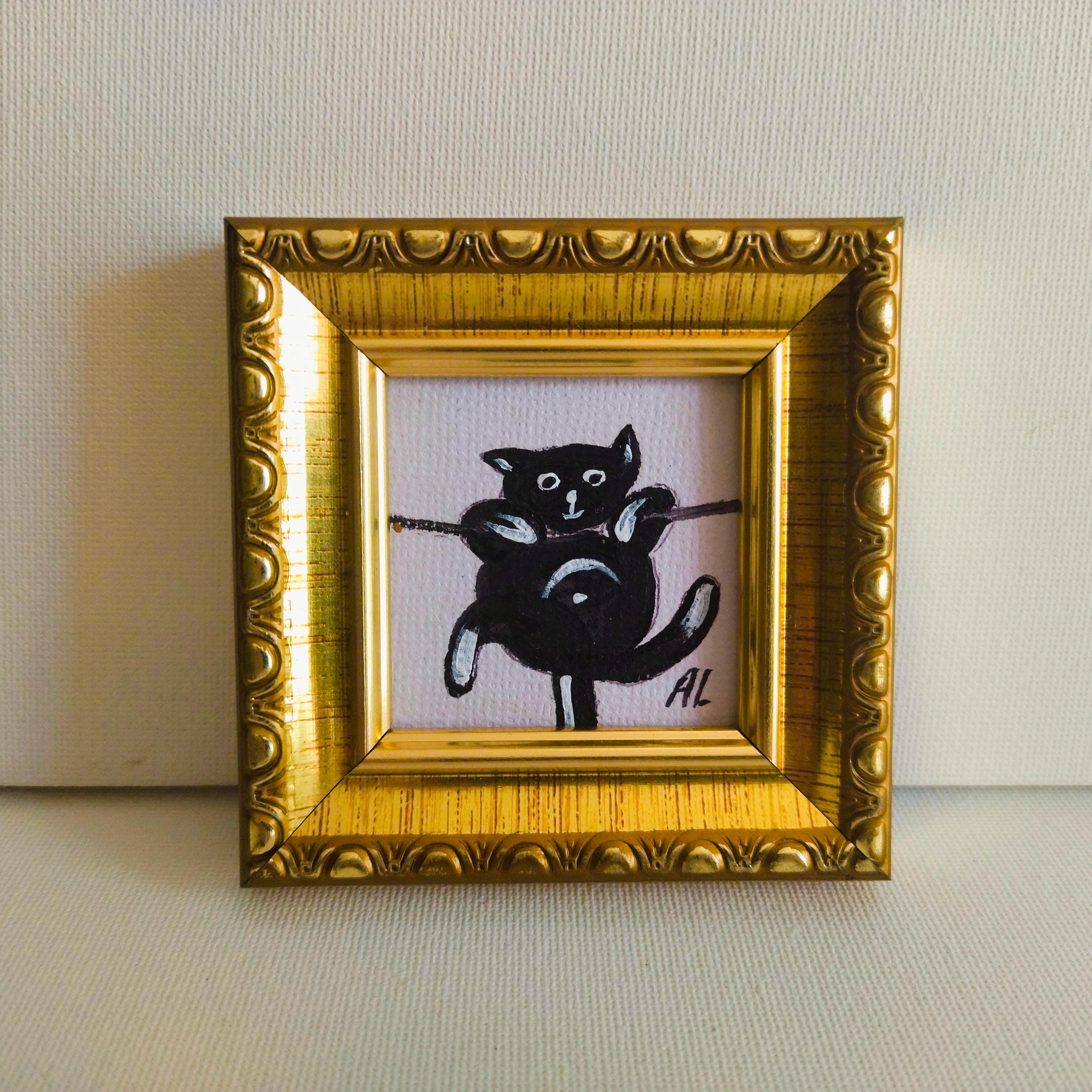 オリジナルの黒猫の絵画：額入りアクリルアート、3x3インチ - Etsy 日本