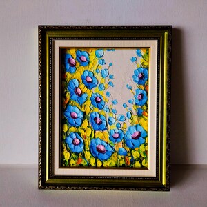 Bleuets dans un champ de fleurs de prairie de blé Original peinture à l'huile Art Floral vert grand cadeau encadré pour elle Boho Decor Floral Texture 3d