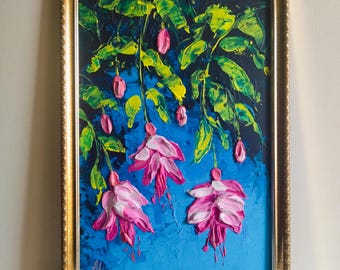 Fuchsia drie bloemen muurkunst origineel getextureerd 3D-schilderij